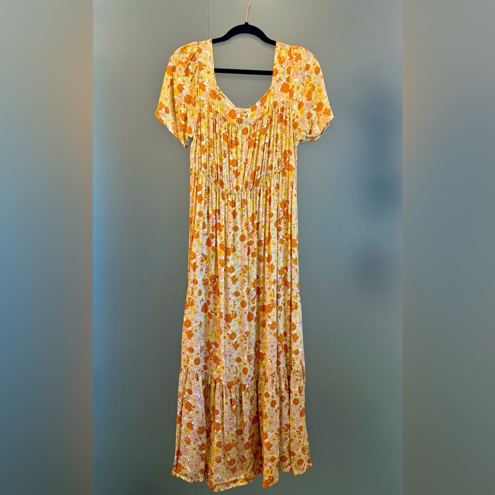70’s Inspired Orange Floral Print Puff Sleeve Bamboo Babydoll Summer Maxi Dress
